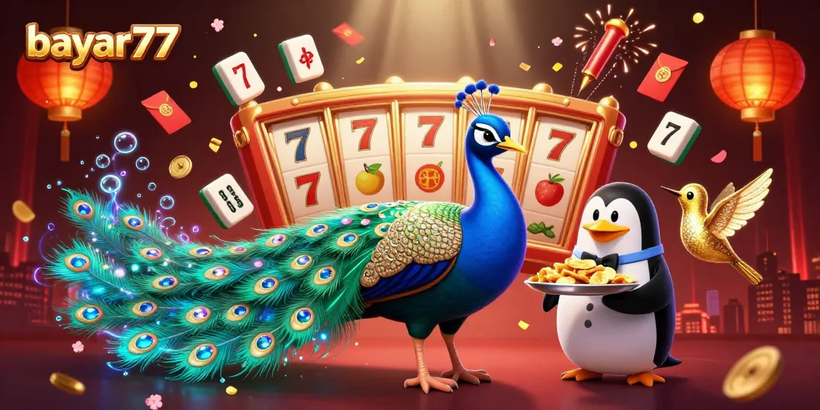 Permainan slot bayar77 dengan simbol keberuntungan dan burung berkilau di latar belakang gemerlap.