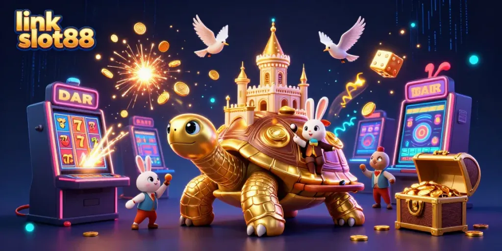 Experience excitement with link slot88 featuring a golden tortoise casino surrounded by dynamic slot game elements.