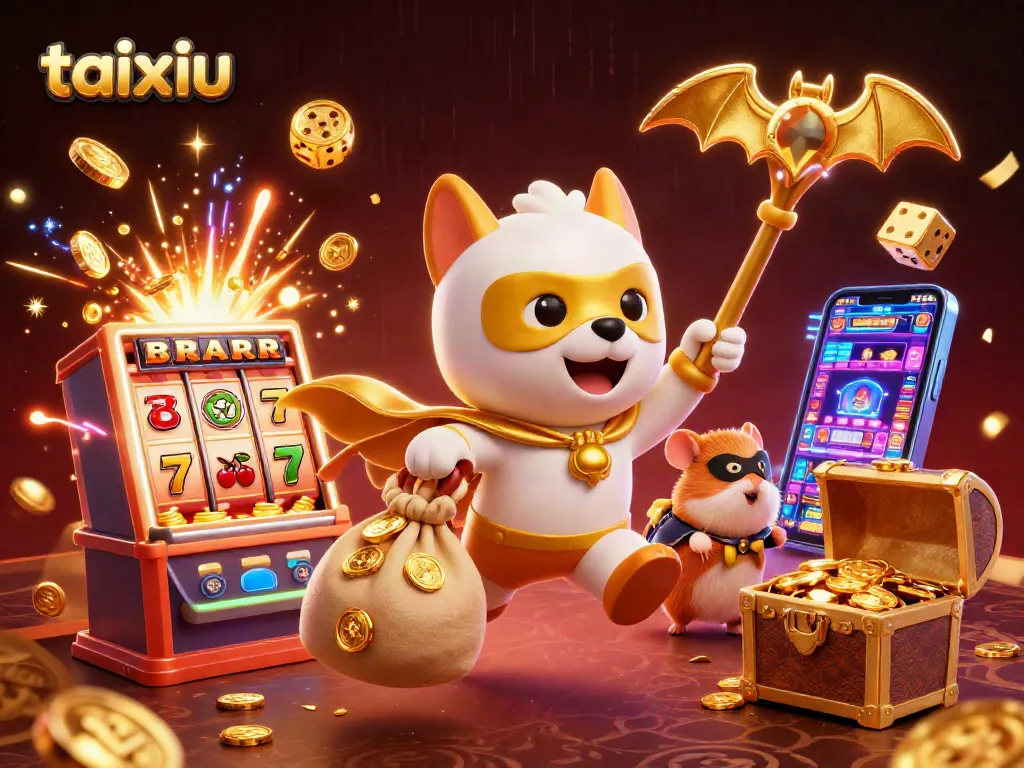 Spin and win with taixiu in this vibrant 3D illustration featuring casino elements and characters.