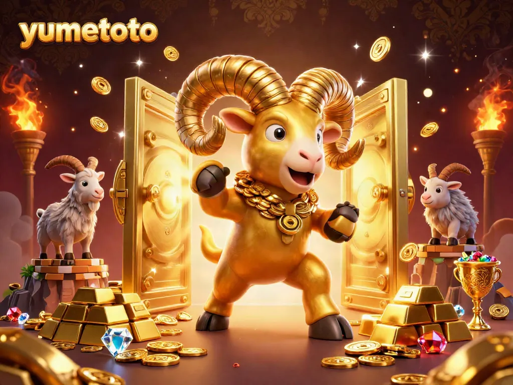 Engage with yumetoto through this vibrant 3D illustration depicting a golden ram charging toward a treasure vault.