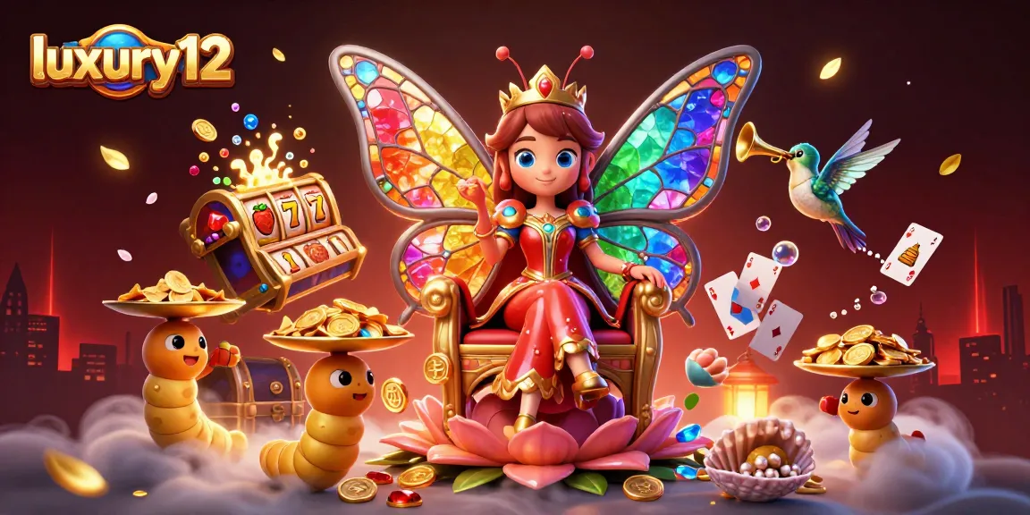 Experience luxury12's vibrant world of slots with a stunning 3D butterfly queen amidst treasures!