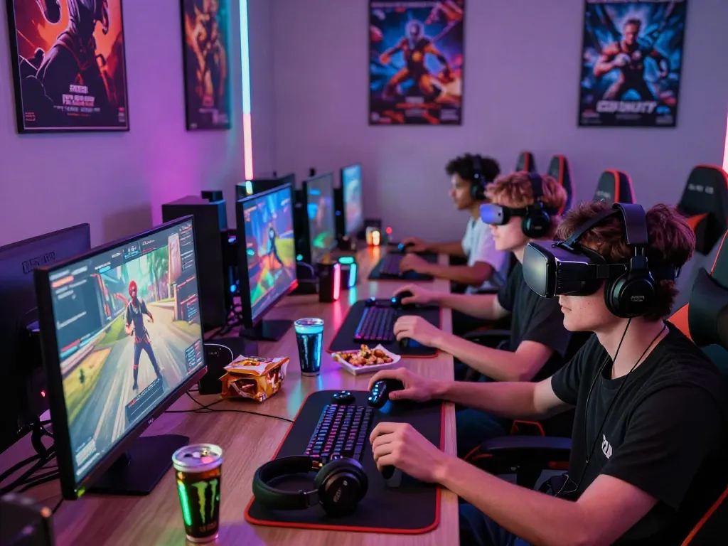Pengalaman gaming diana4d di ruang permainan modern dengan gamer bersemangat dan berbagai perangkat gaming.