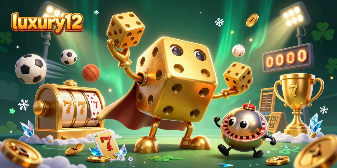 Luxury12 casino scene showcasing a golden dice golem juggling and slot reels, enhancing gaming excitement.