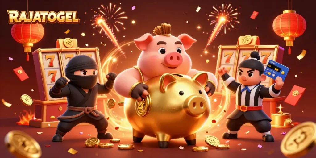 Experience thrilling gambling action with RAJATOGEL's dynamic illustration of characters and slots.