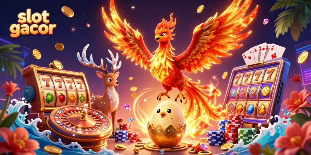 Permainan slot gacor dengan phoenix dan chip poker melayang, menampilkan simbol keberuntungan.
