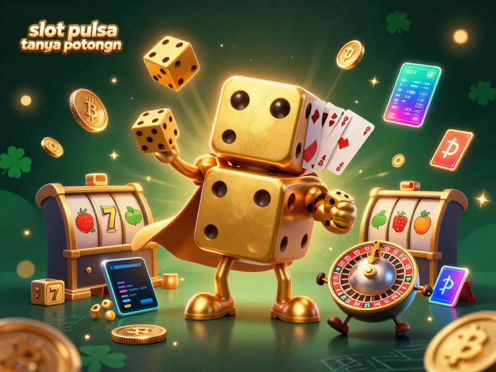 Experience the excitement of slot pulsa tanpa potongan with a golden dice golem, vibrant gambling elements, and lively atmosphere.