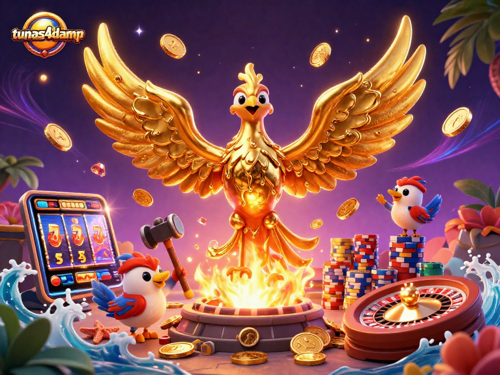 Tunaf4damp showcases a golden phoenix amidst flying coins, representing winning gambling strategies.