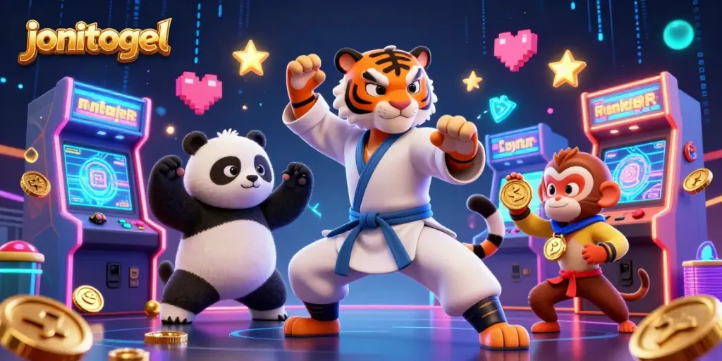 Engage with jonitogel's vibrant gaming world, featuring kung fu characters amidst arcade elements.