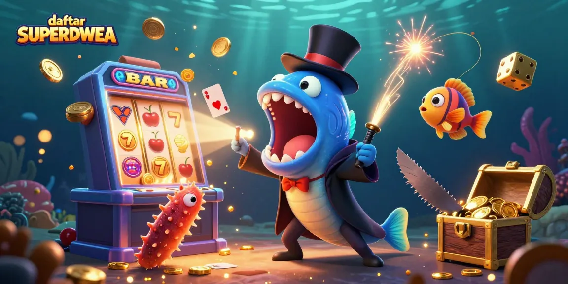 Play exciting games on daftar SUPERDWEA with vibrant underwater casino illustration featuring intriguing sea creatures.