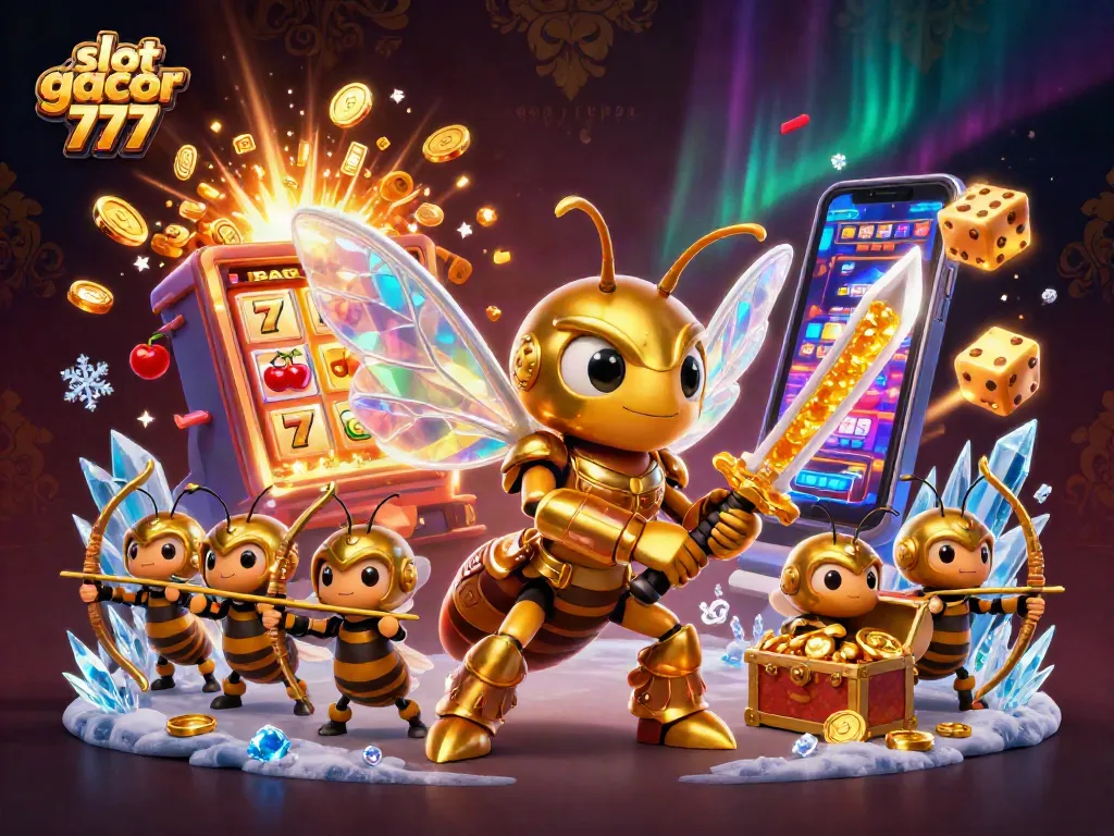 Kemenangan slot gacor 777 ditampilkan dengan hornet raksasa dan mesin slot berkilau.