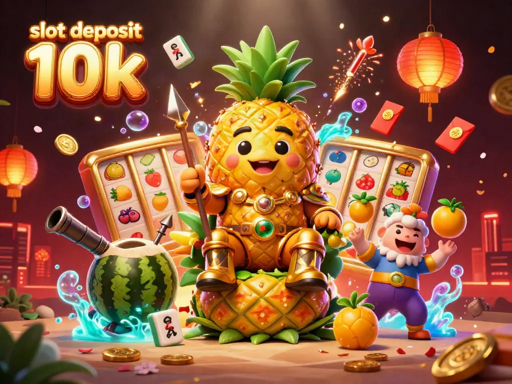 Gambarlah slot deposit 10k dengan tema kasino, raja nanas emas, dan elemen permainan mengelilingi.