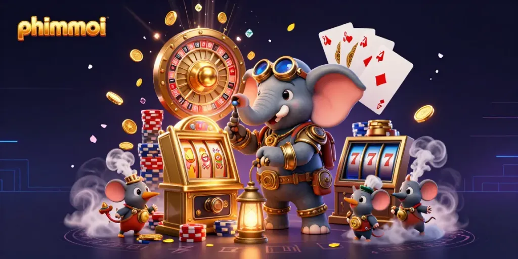 Experience the phimmoi magic in a vibrant casino scene featuring steampunk characters and dynamic gaming elements.
