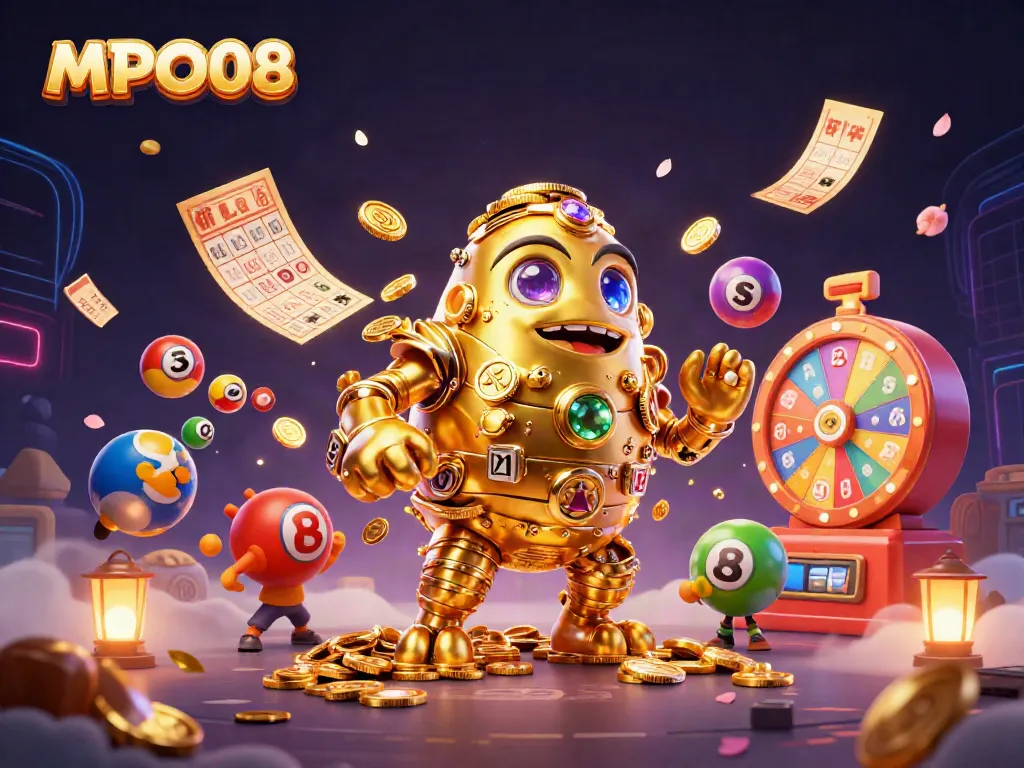 MPO08 showcases an ancient golden golem amidst dynamic gaming elements, capturing online casino excitement.
