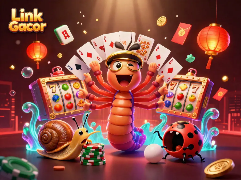 Bermain Link Slot Gacor dengan dealer kartun dan simbol keberuntungan mengelilingi meja kasino.