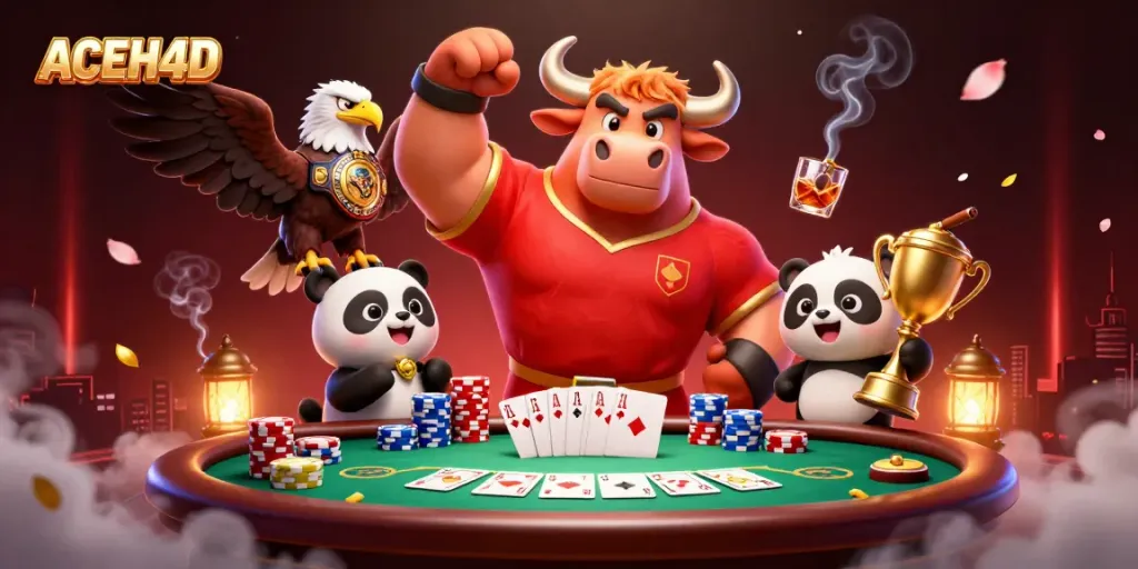 Engage with ACEH4D in a vibrant online casino scene featuring a bull, eagle, and panda.