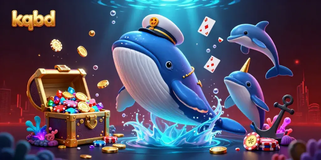 Experience KQBD with a vibrant 3D scene featuring animated whales, poker chips, and underwater treasures.