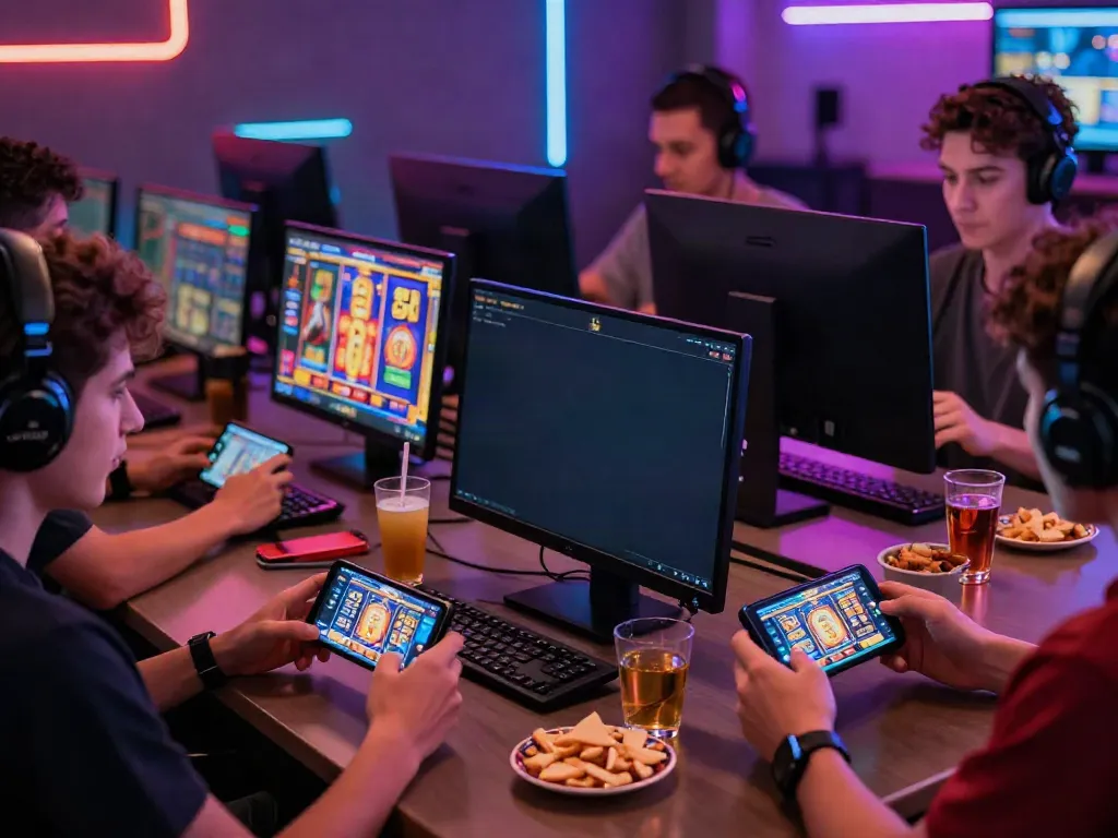 Friends playing online slot games on various devices in a lively gaming room.