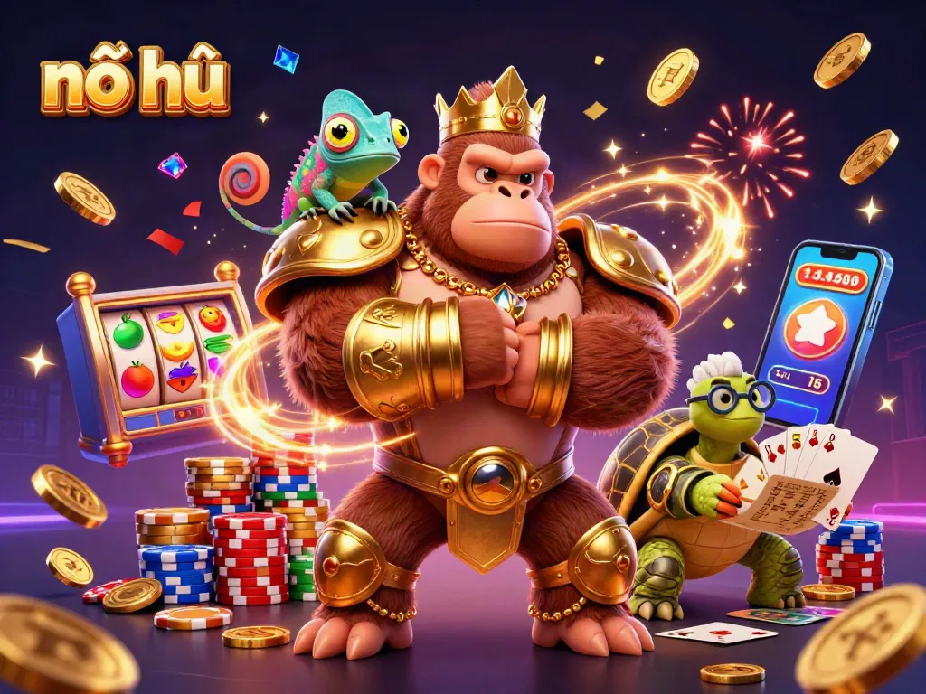 Nổ hũ jackpot illustration showcasing a gorilla king and chameleon in a vibrant casino scene
