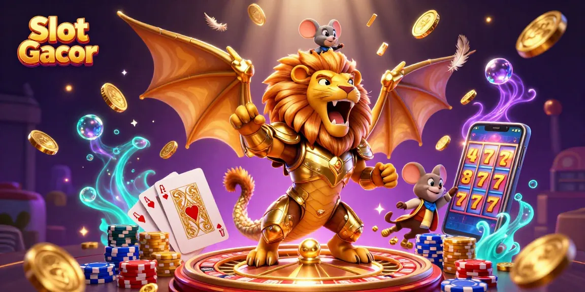 Win big with Slot Gacor featuring a chimera, golden coins, and slot machines in vibrant 3D.